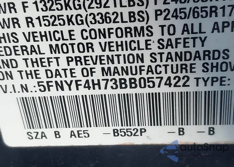 2011 Honda Pilot Ex-L z USA, uszkodzony, nr VIN 5FNYF4H73BB057422